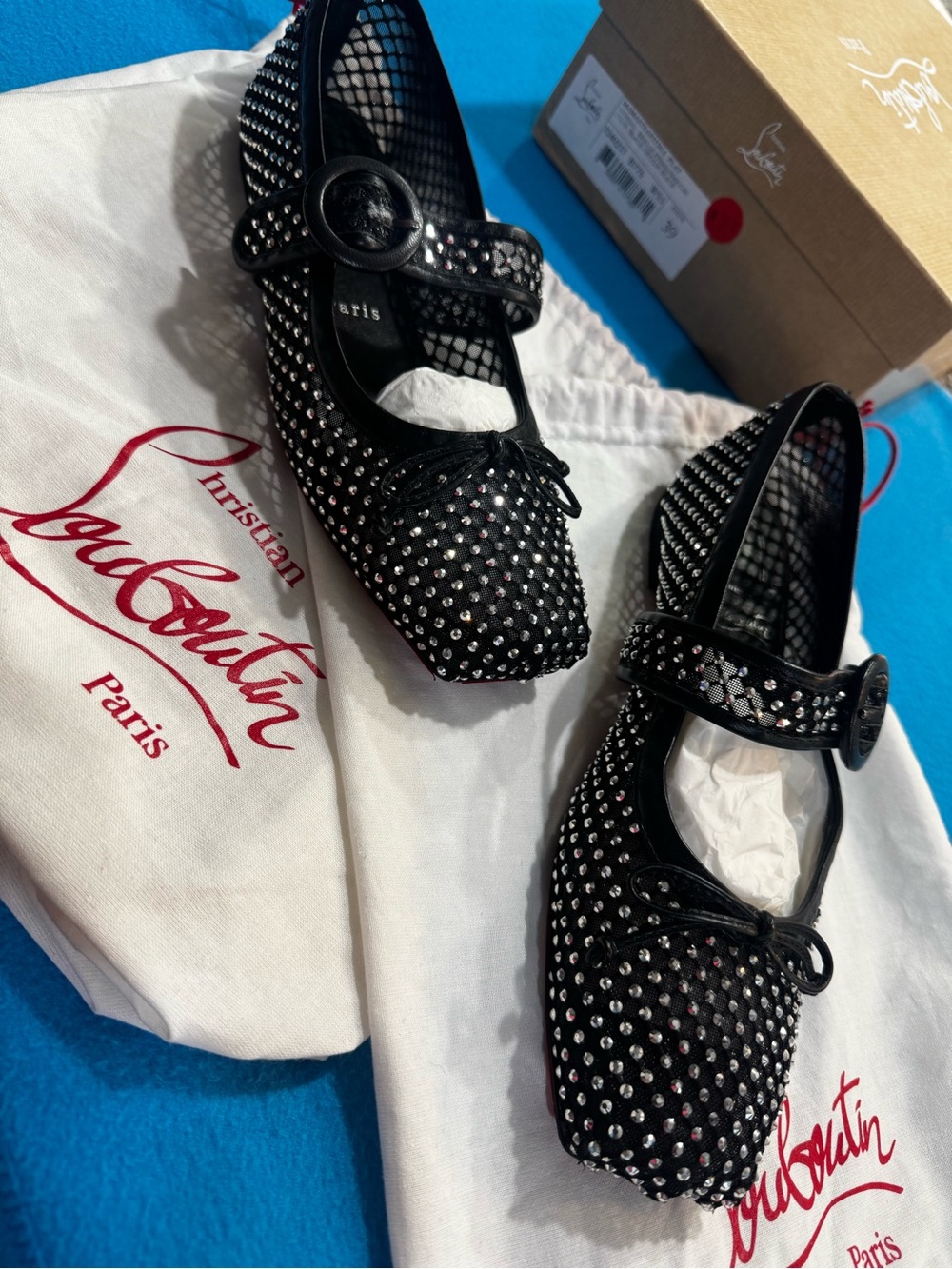 Christian Louboutin Black Embellished Mesh Mary‑Jane Ballet Flats  Size 39 - Picture 8 of 10